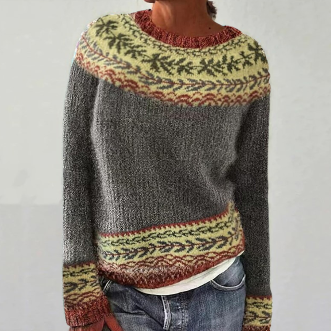 Ruby retro Scandinavian knitted sweater in grey with yellow and rust Nordic pattern, front view