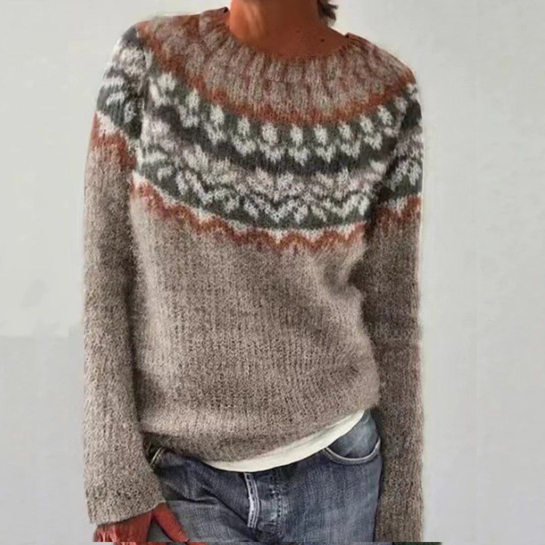 Debbie retro Scandinavian knitted sweater in beige-brown with Nordic pattern, front view