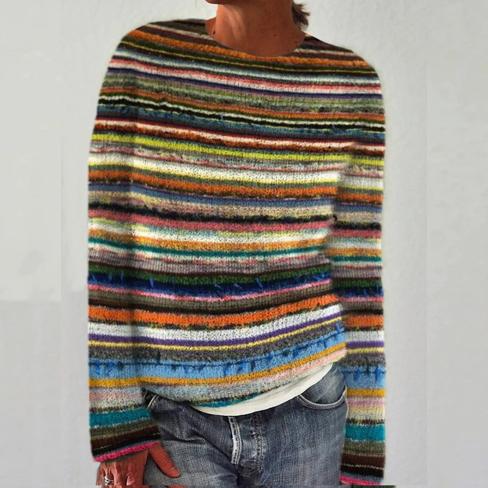 Esteri retro Scandinavian knitted sweater in multicoloured stripes, front view with jeans