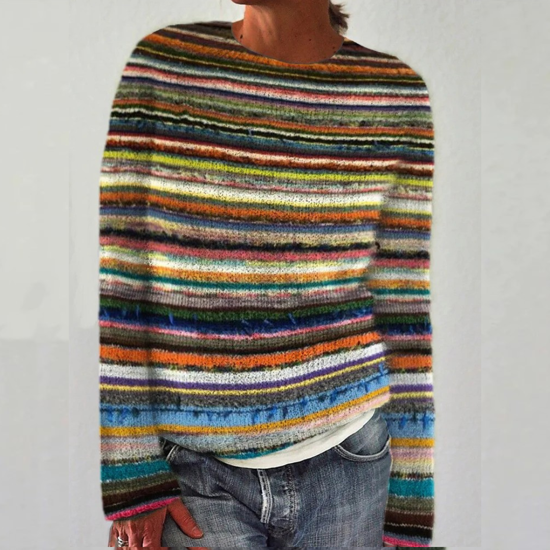 Esteri retro Scandinavian knitted sweater in multicoloured stripes, front view with jeans