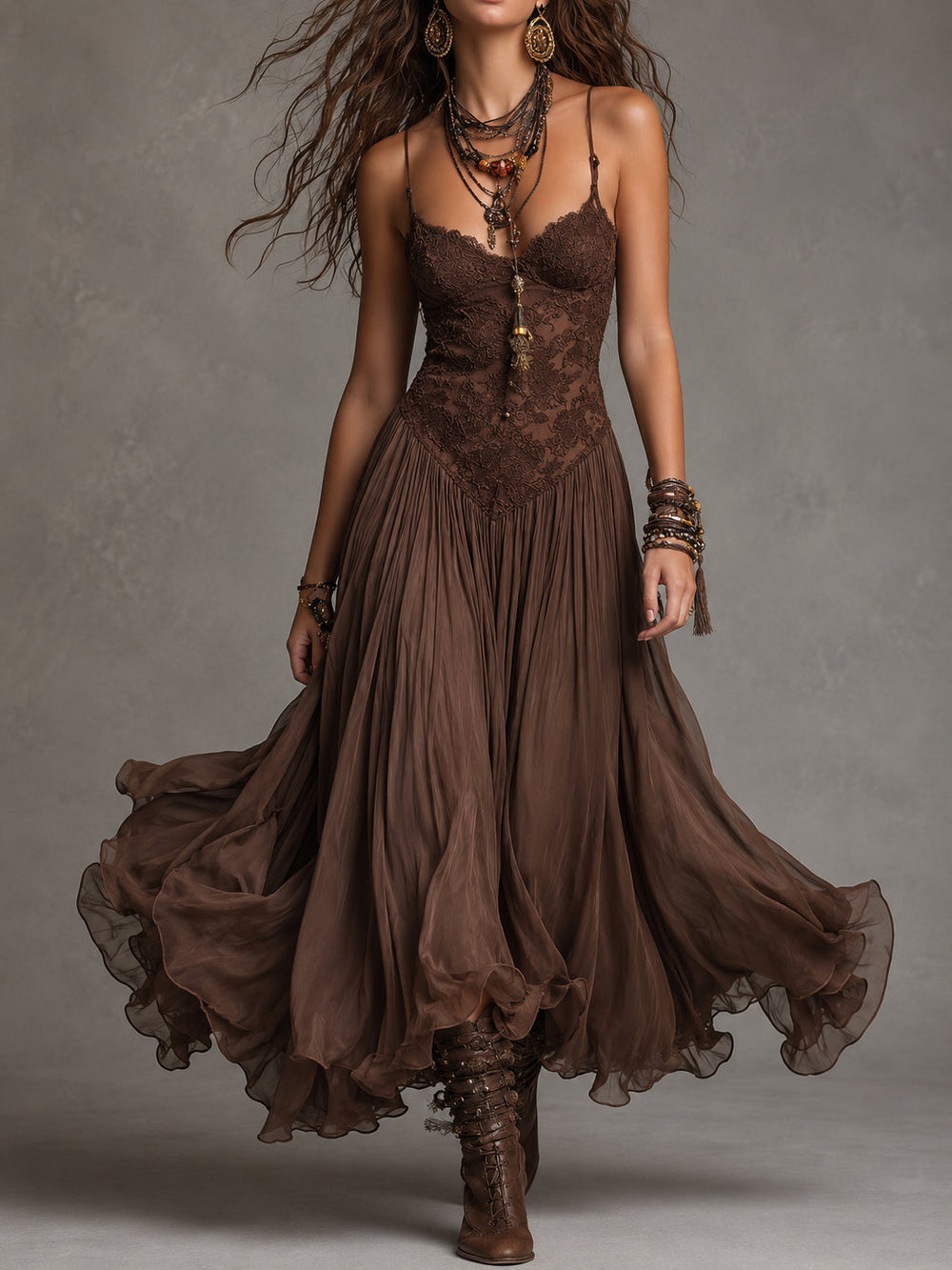 Federica lace and chiffon maxi dress in brown, full-length front view