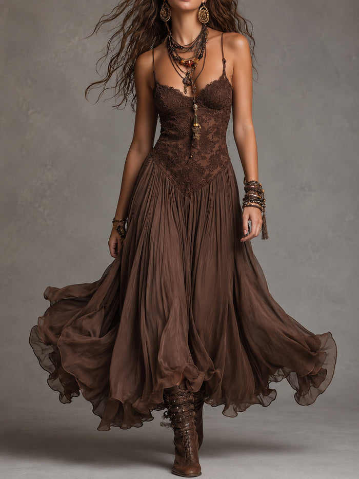 Federica lace and chiffon maxi dress in brown, full-length front view
