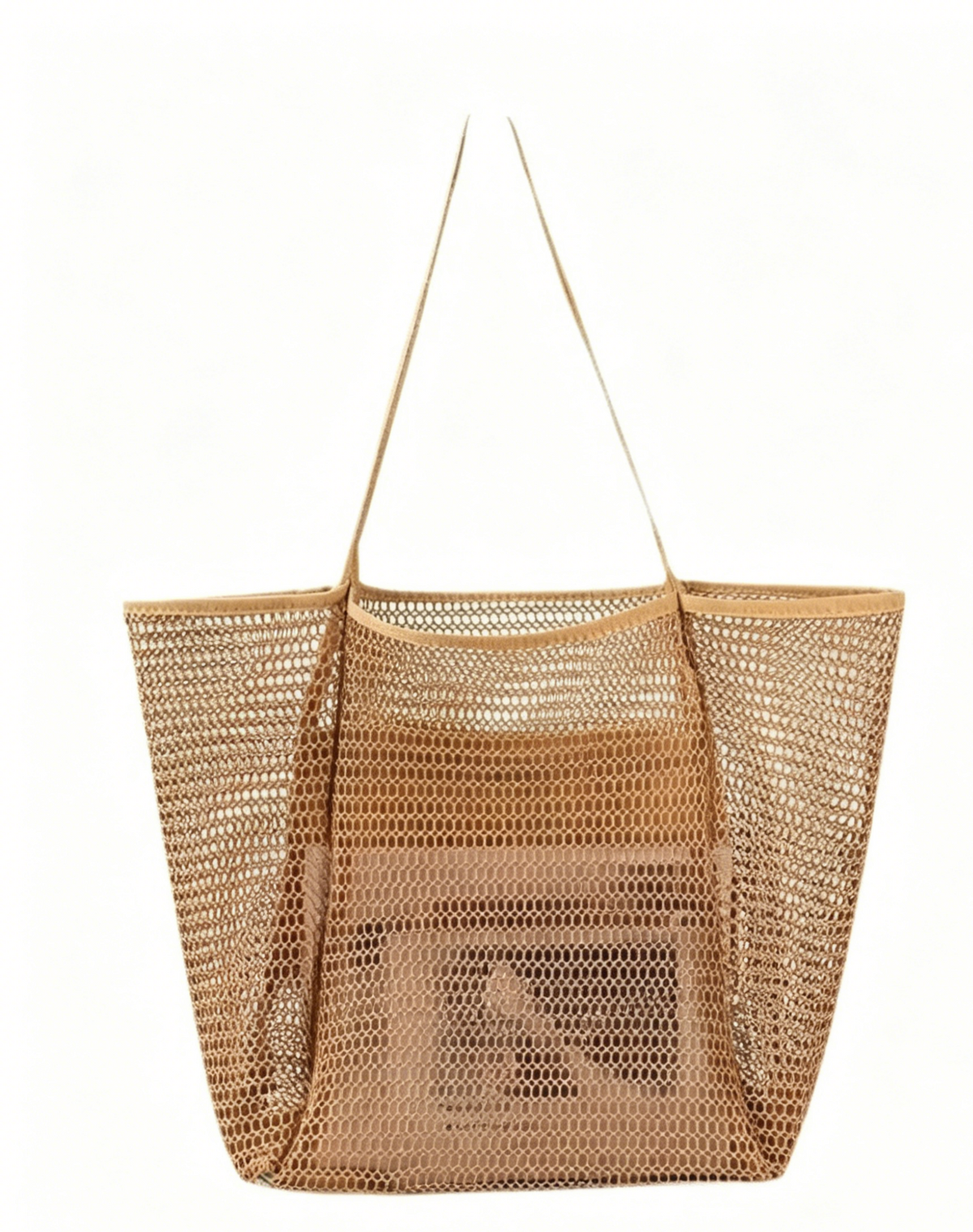 Boho mesh beach tote bag in khaki, front view with straps held up