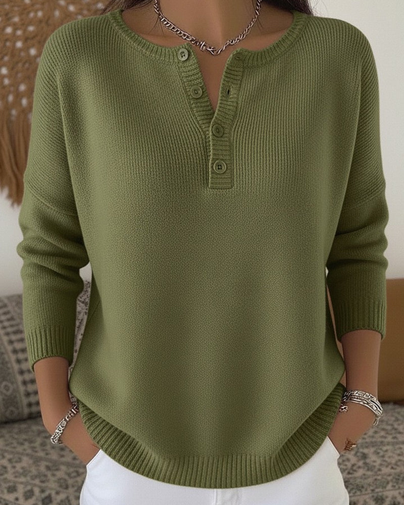 Helena henley-button knit jumper in olive green, front view