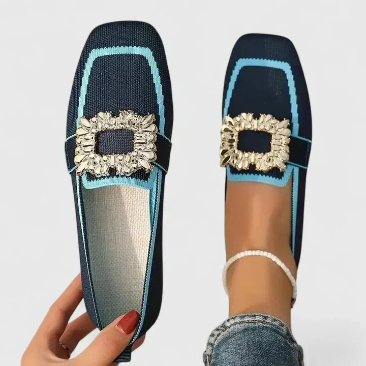Grace loafers in blue with gold jewelled buckle, top view
