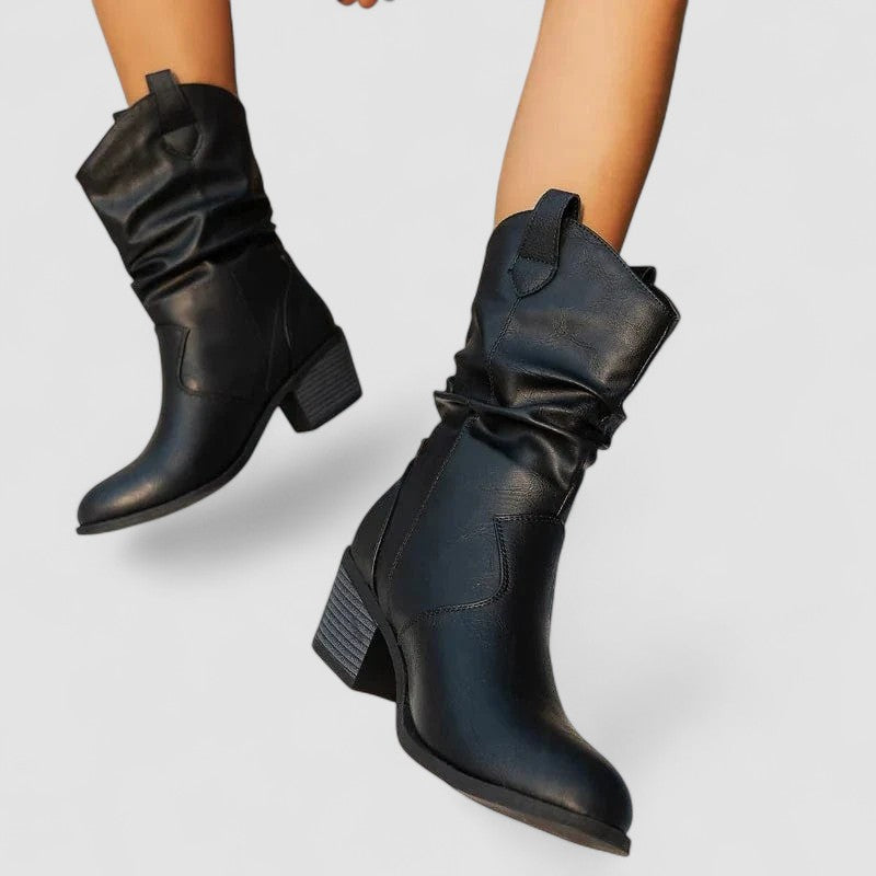 Eleanora slouch heeled boots in black, angled view showing block heel
