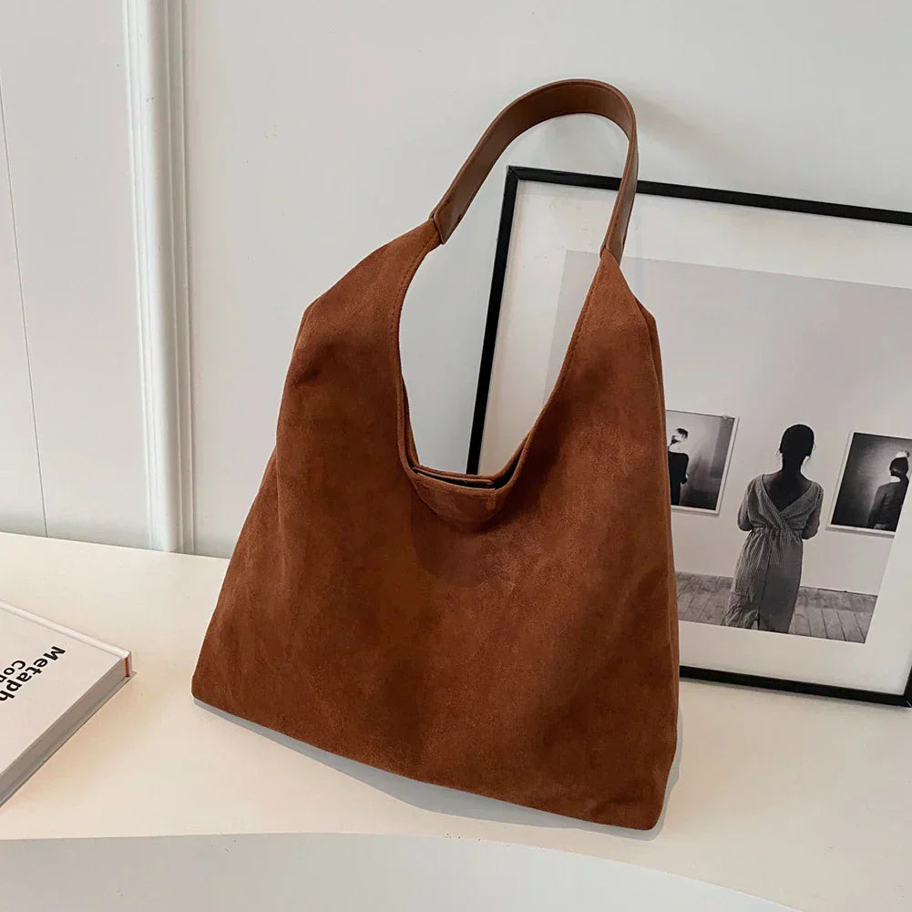 Ottilie slouchy shoulder bag in brown suede, front view