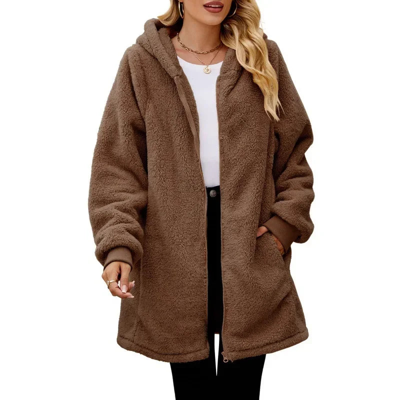 Lottie hooded fleece jacket in dark brown, front view