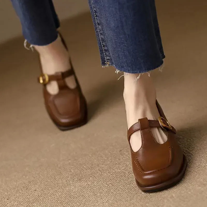 Selvana T-strap shoes in brown, walking view from the front
