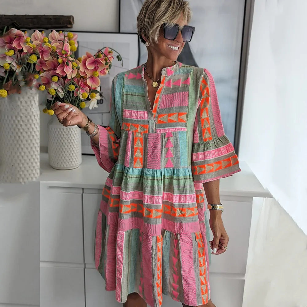Chloe Lunara dress in pink and green geometric print, front view