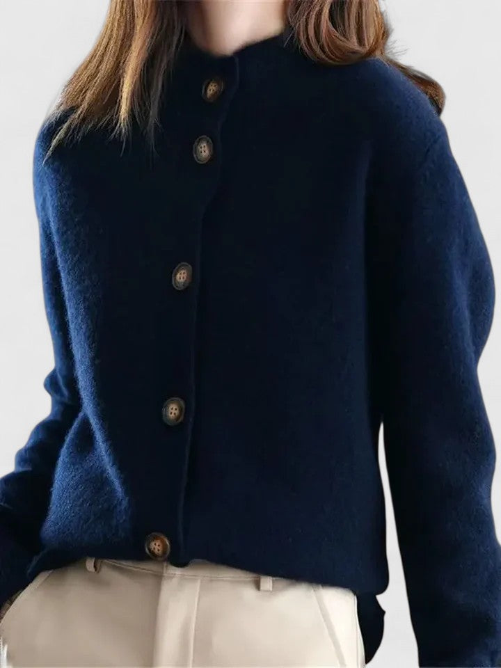 Mireille button-up cardigan in navy blue, front view with stand-up neckline