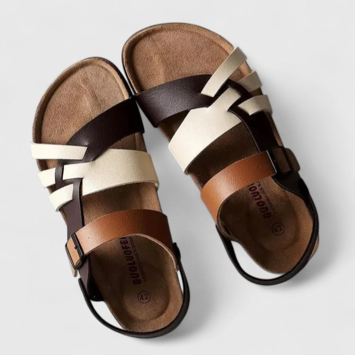 Lourizeth elegant sandals in brown and cream, top view of woven straps