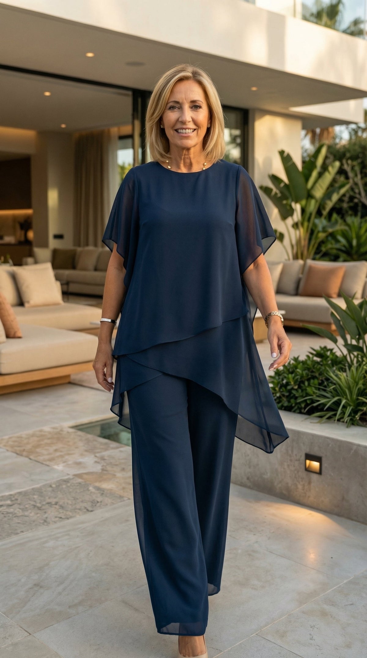 Eleanor two-piece chiffon set in navy blue, full-length front view