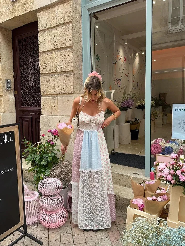 Isabella patchwork maxi dress in cream pastels, standing front view