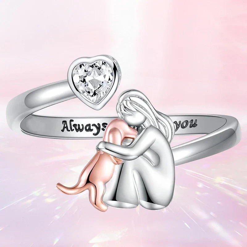 Embrace two-tone ring with clear heart stone, angled product view