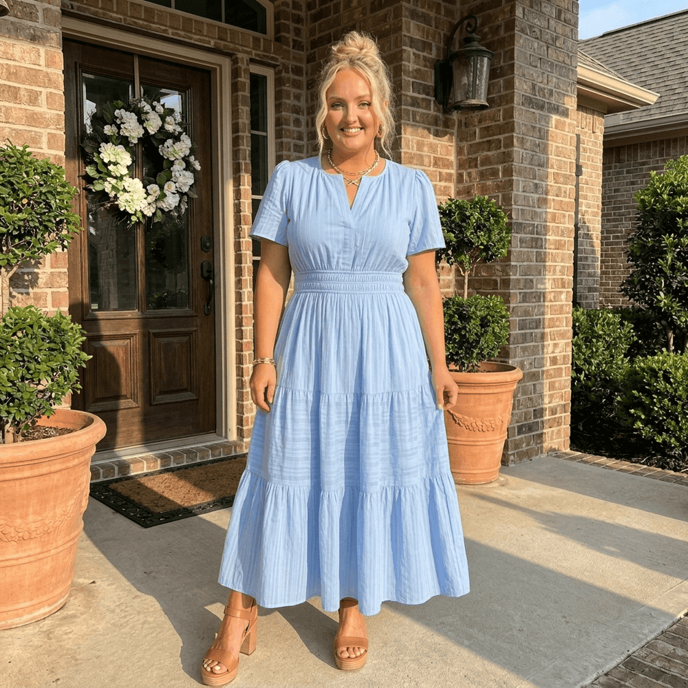 Sarah casual maxi dress in light blue, full-length front view