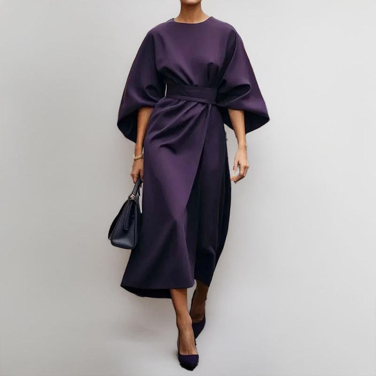 Eldra batwing sleeve maxi dress in purple with belted waist, front view