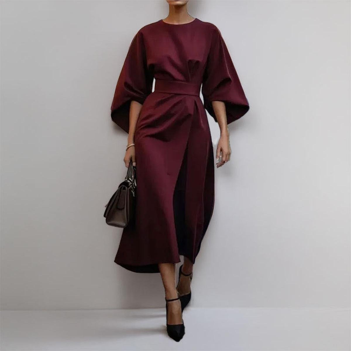 Eldra batwing sleeve maxi dress in claret, draped skirt front view