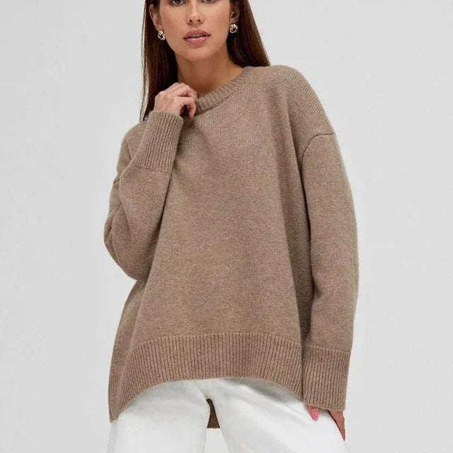 Alice oversized cashmere sweater in brown, front view on model