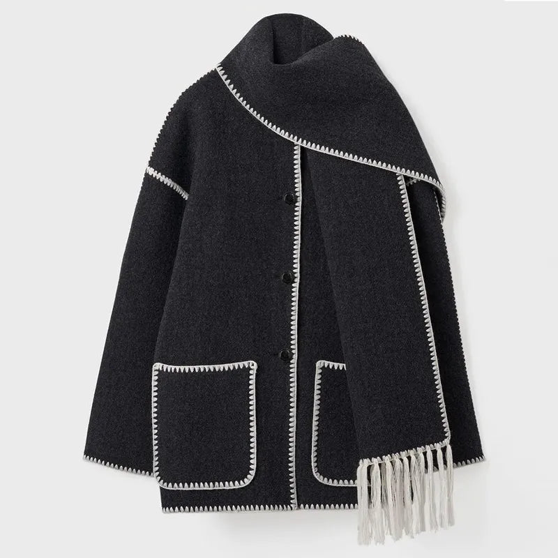 Zyra fringed scarf jacket in charcoal grey, flat product view with fringed scarf