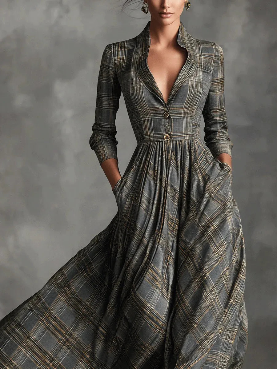 Audrey vintage dress in grey check, close view of collar and buttoned front