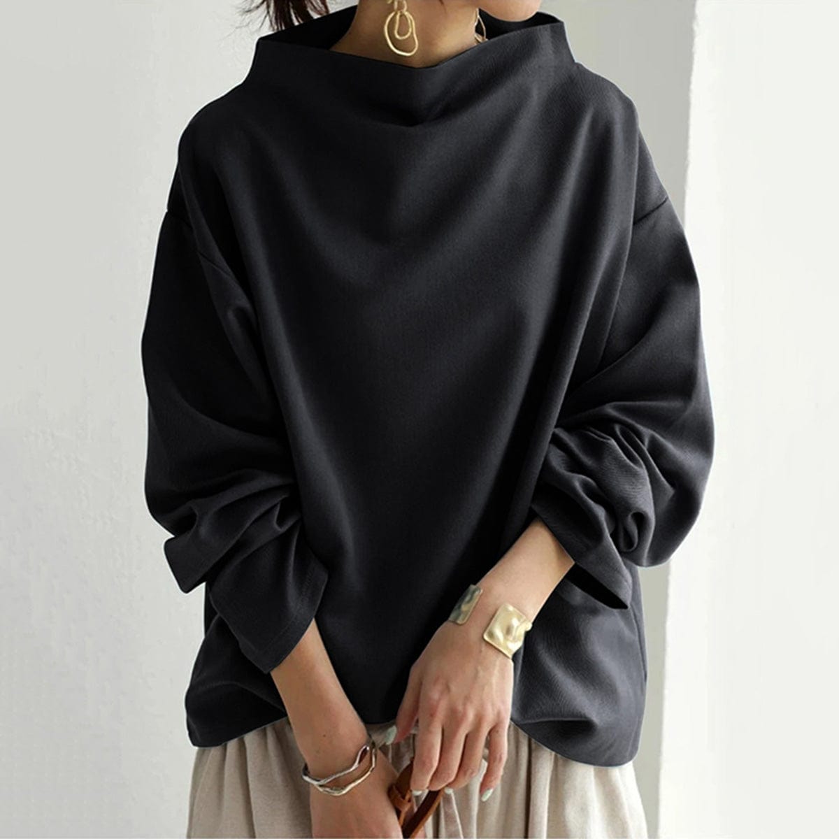 Elspeth high-neck casual top in black, relaxed front view