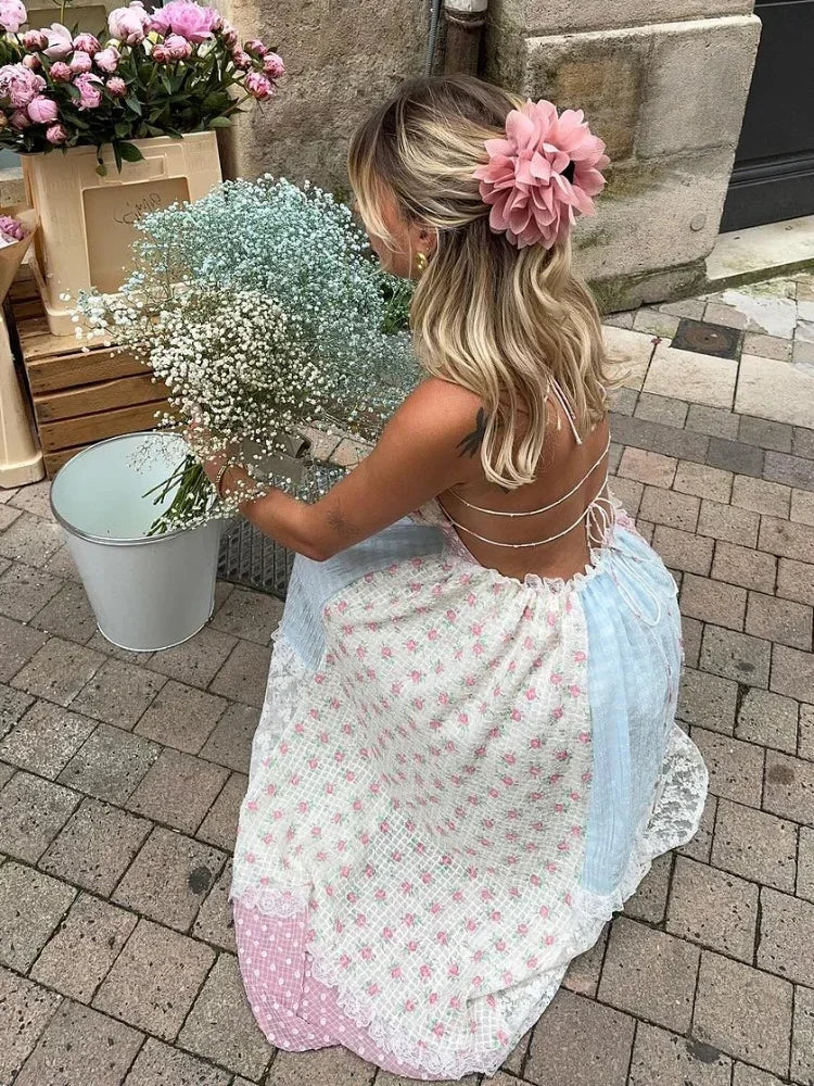 Isabella patchwork dress in cream pastels, close-up of floral panels