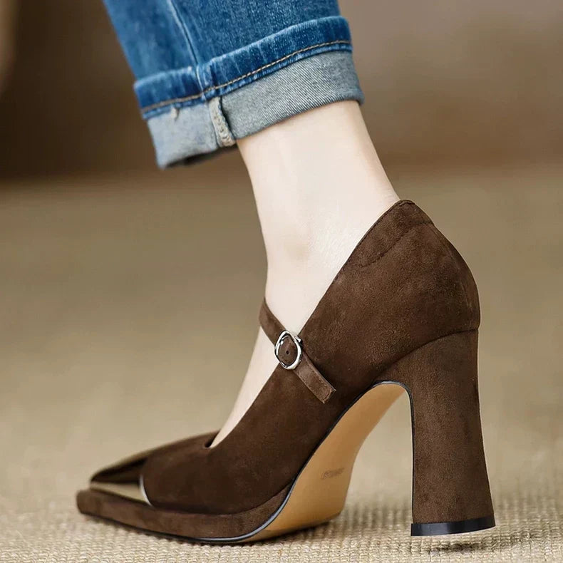 Orvanna Mary Jane heels in brown, angled view showing block heel