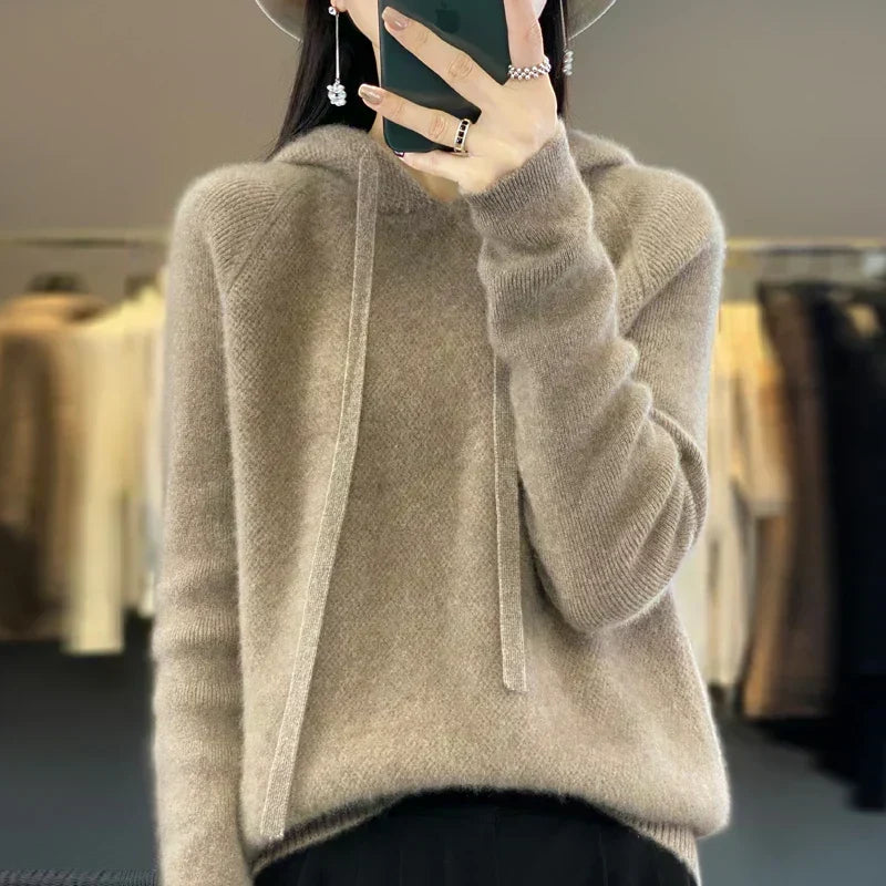 Nyelle knitted hoodie in khaki, front view with drawstring ties