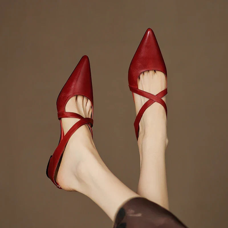 Aluna cross-strap leather mules in maroon, close-up of vamp straps