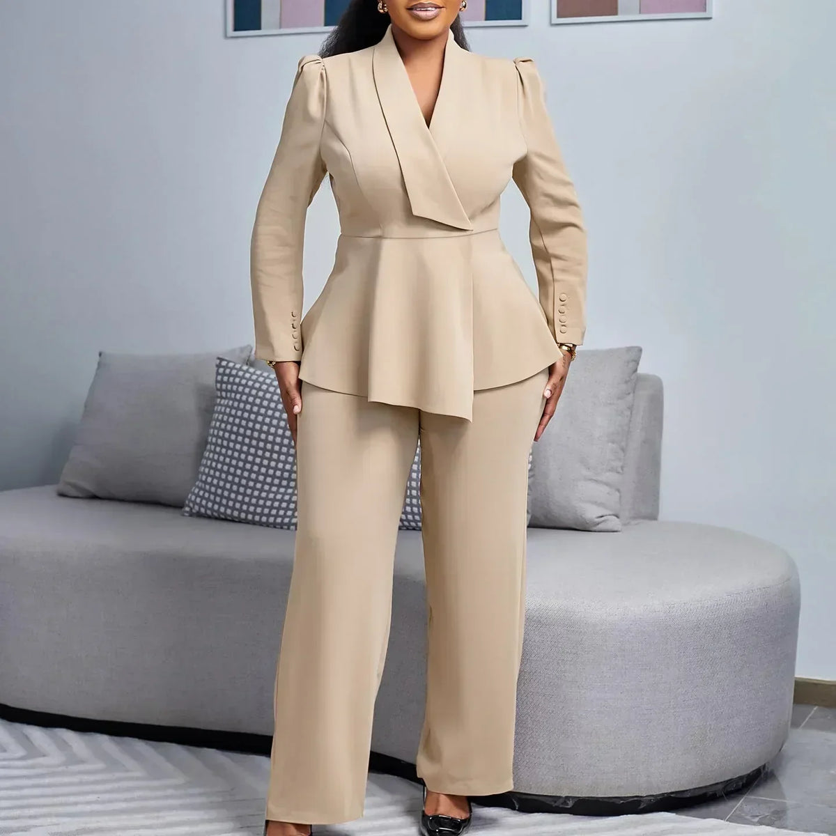 Maya tailored suit set in khaki, full-length front view