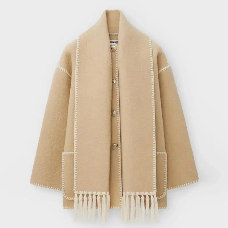 Zyra fringed scarf jacket in beige, flat product view with contrast stitching