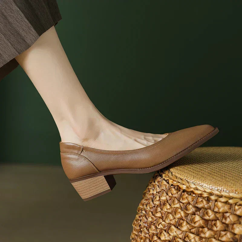 Michela mid-heeled shoes in brown, close side view of pointed toe