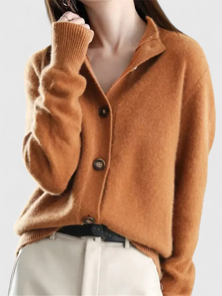 Mireille button-up cardigan in caramel, front view worn with white trousers