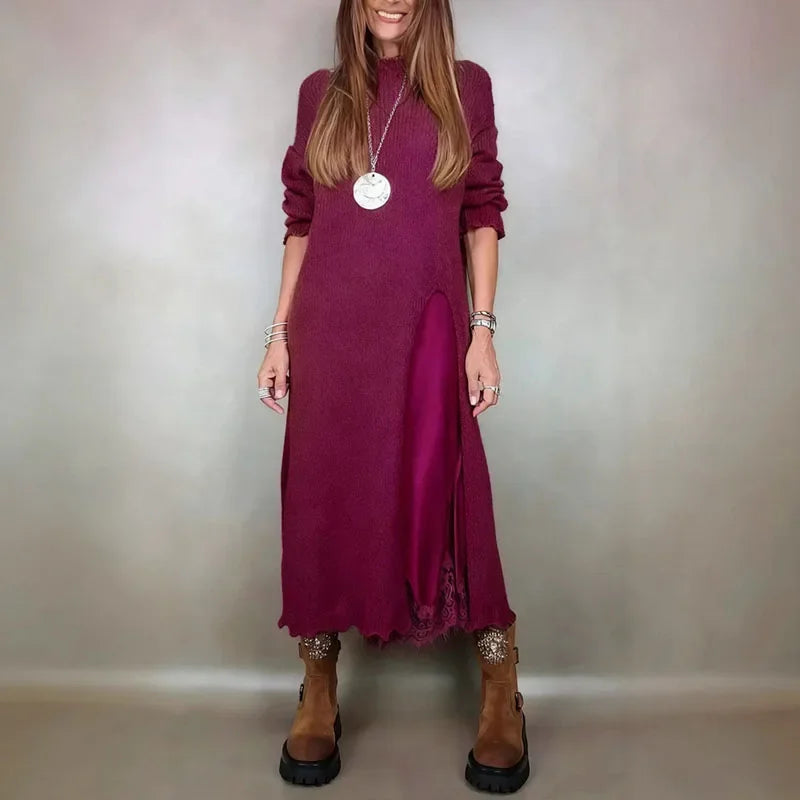 Evalina knit and lace two-piece set in wine red, full-length front view