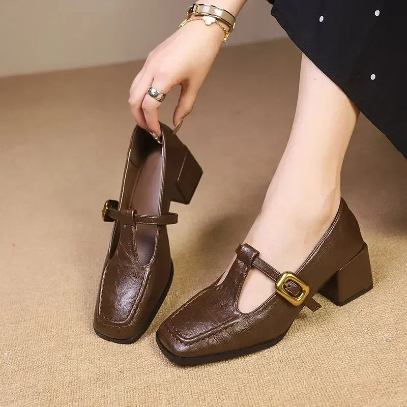 Rosa Mary Janes in brown, close-up of T-strap and buckle