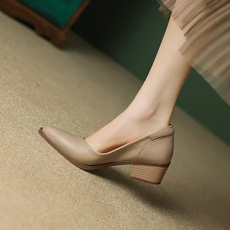 Michela mid-heeled shoes in apricot, side view showing block heel
