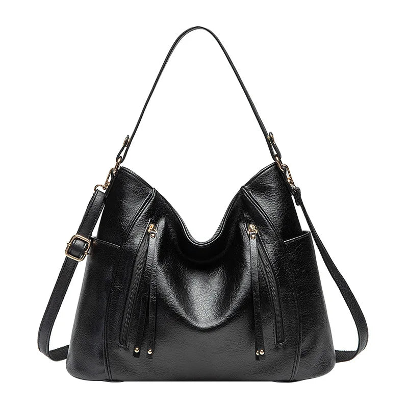 Calista luxe shoulder bag in black, front view