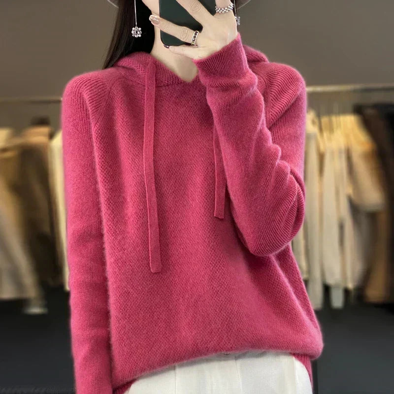 Rynlei hooded knit sweater in dark pink, front view