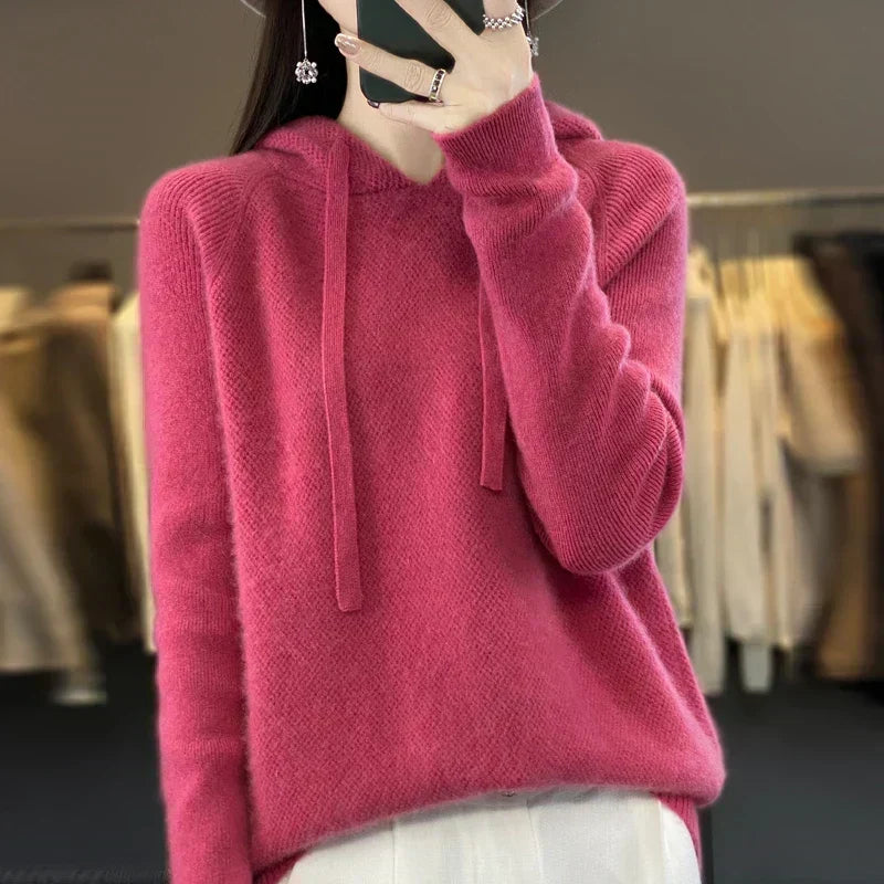 Nyelle knitted hoodie in dark pink, front view