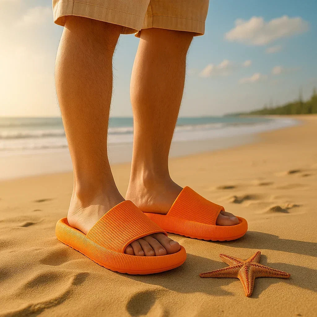 Platform slide slippers in orange, worn on a sandy beach