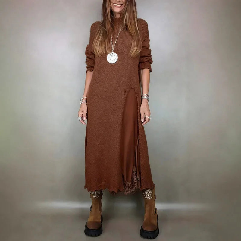 Evalina knit and lace two-piece set in brown, front view with slit
