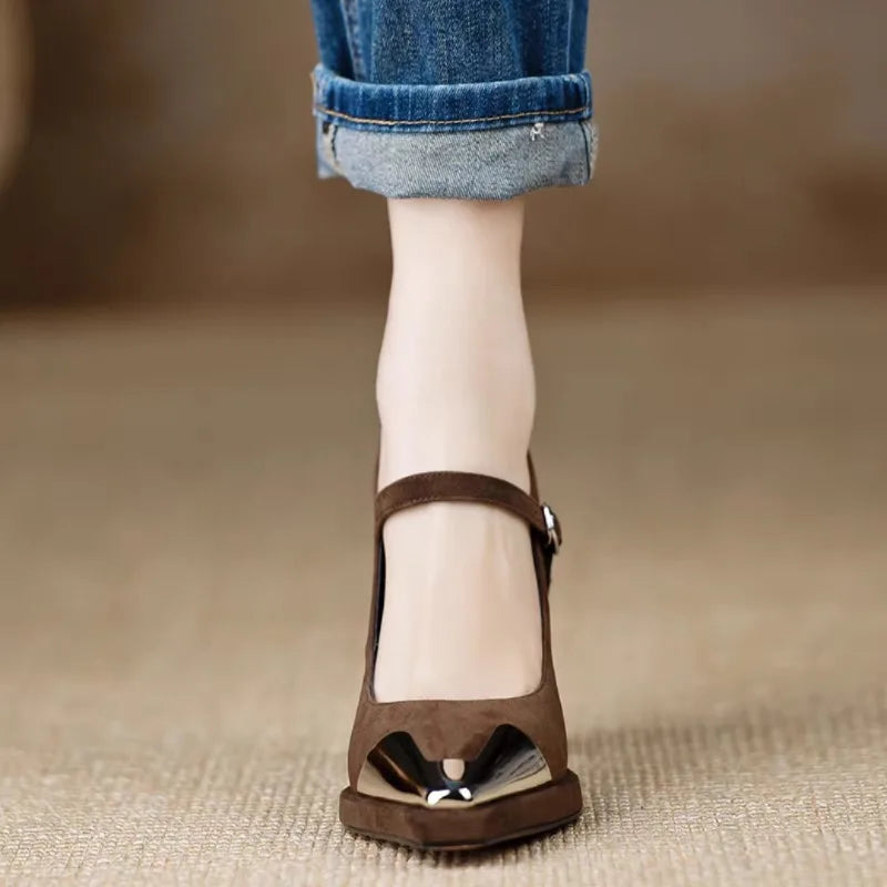 Orvanna Mary Jane heels in brown, front view of pointed toe