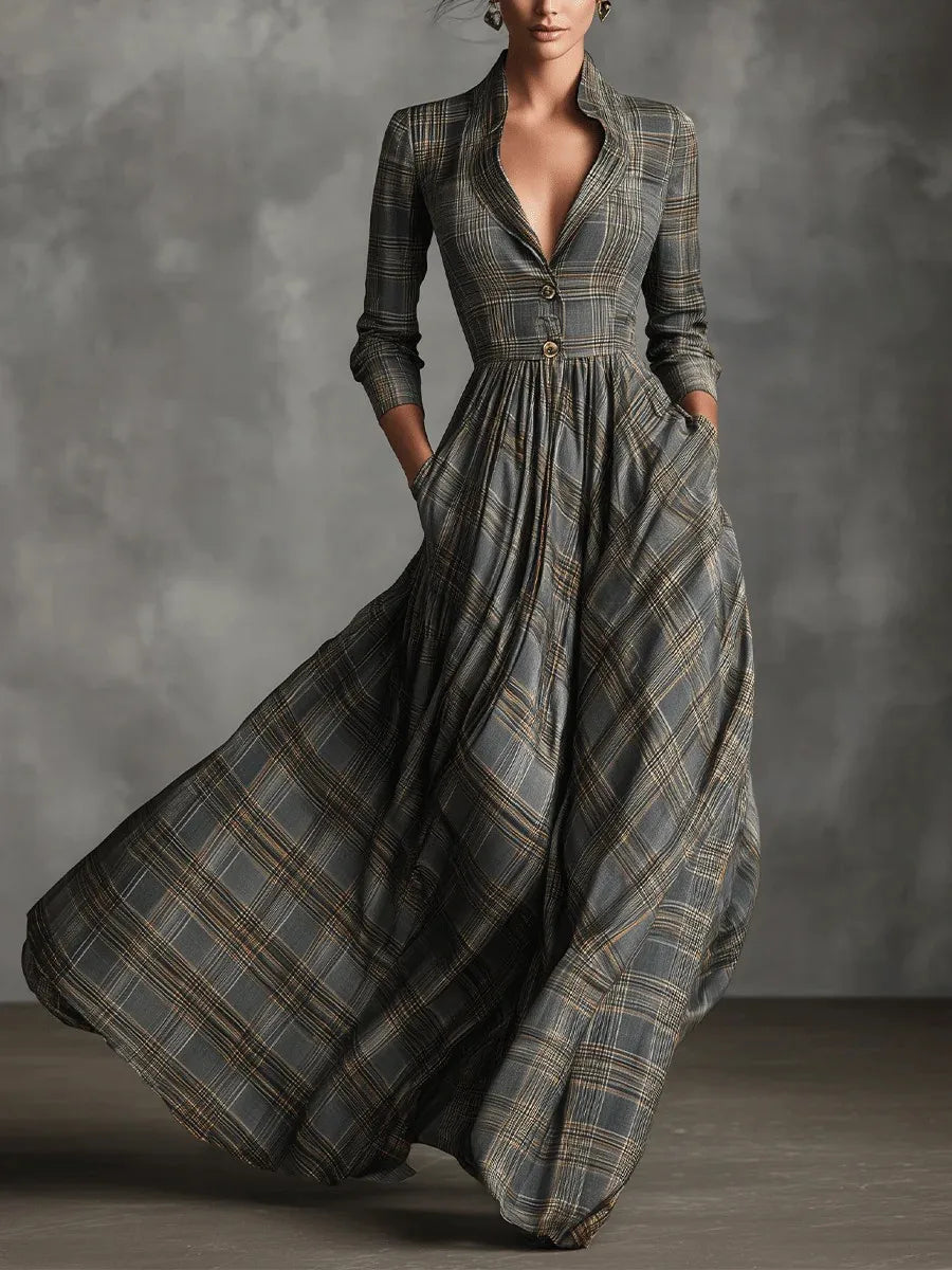 Audrey vintage dress in grey check, full-length front view with flowing skirt