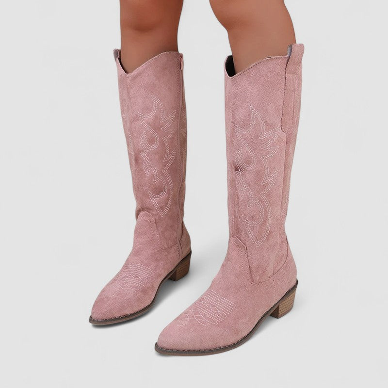 Cornelia western boots in pink, worn front view