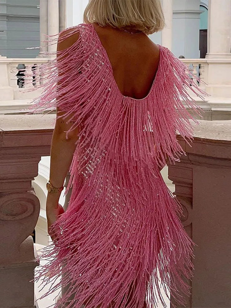 Nancy fringe party dress in pink, low V back detail