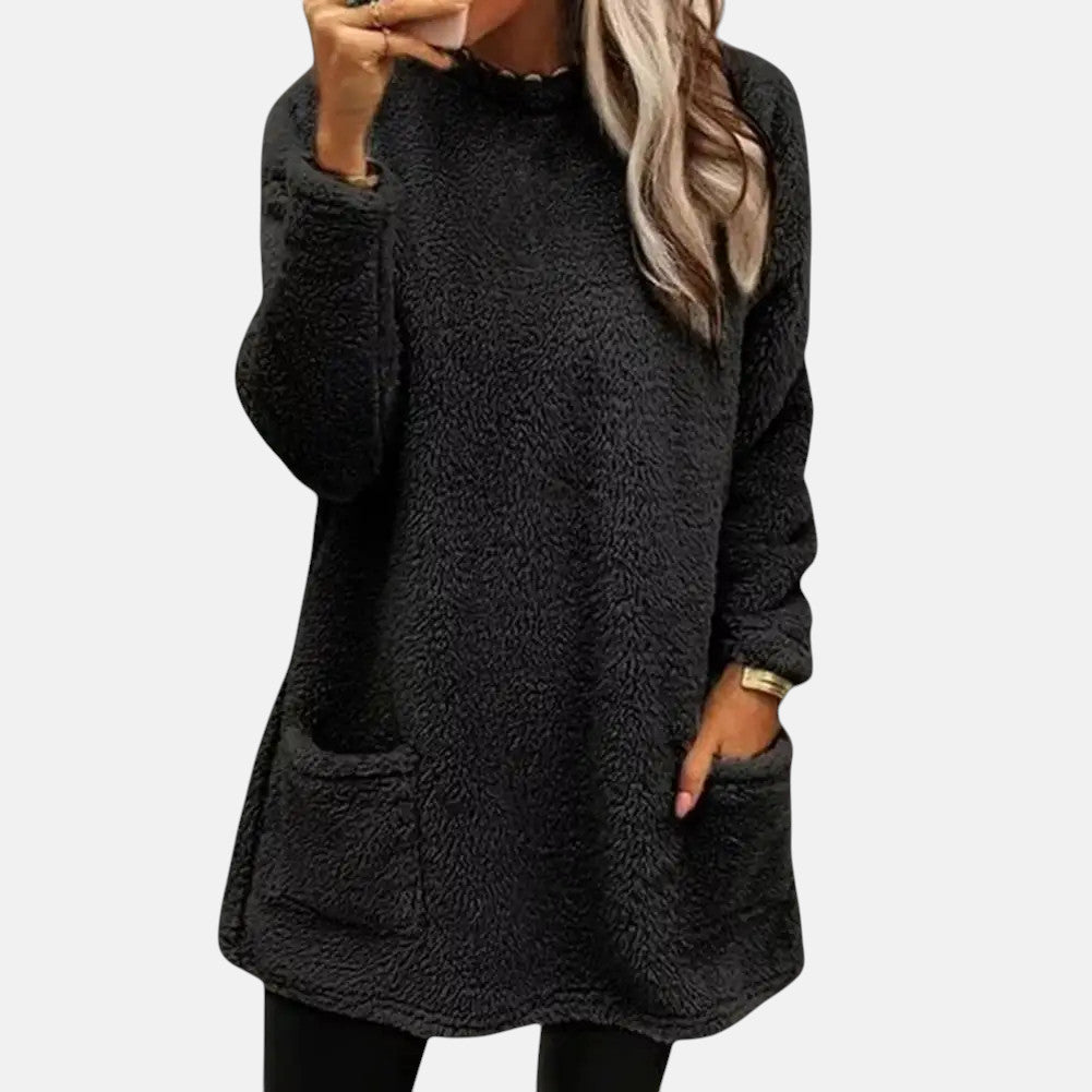 Emeris comfortable sweater in black, front view with patch pockets