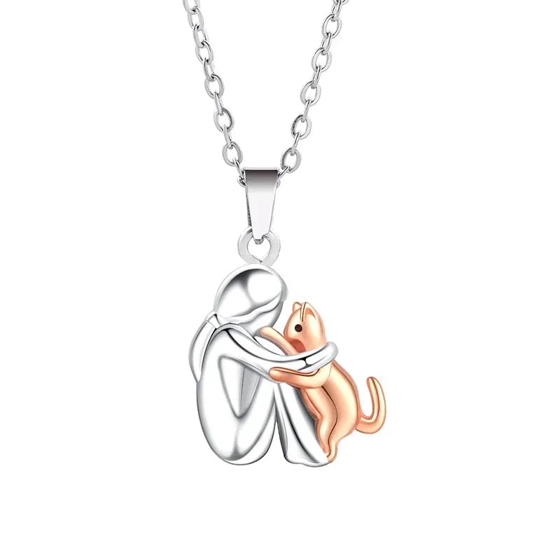 Eternal Friendship necklace with silver woman and rose-gold cat pendant on fine chain
