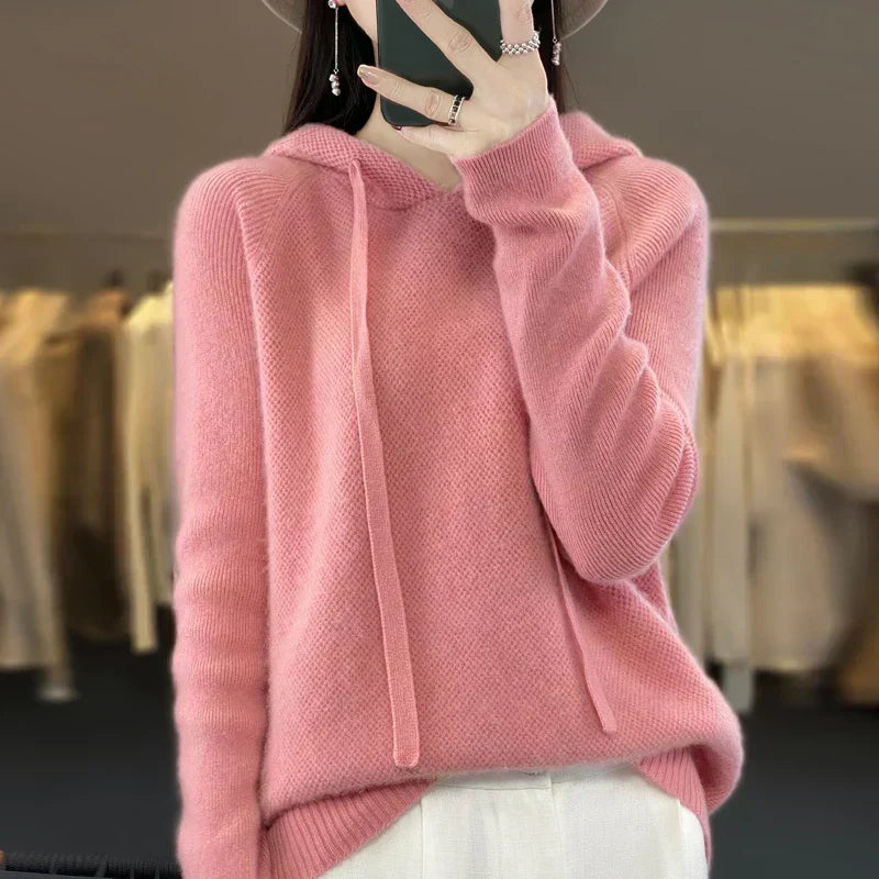Rynlei hooded knit sweater in pink, front view with drawstring hood