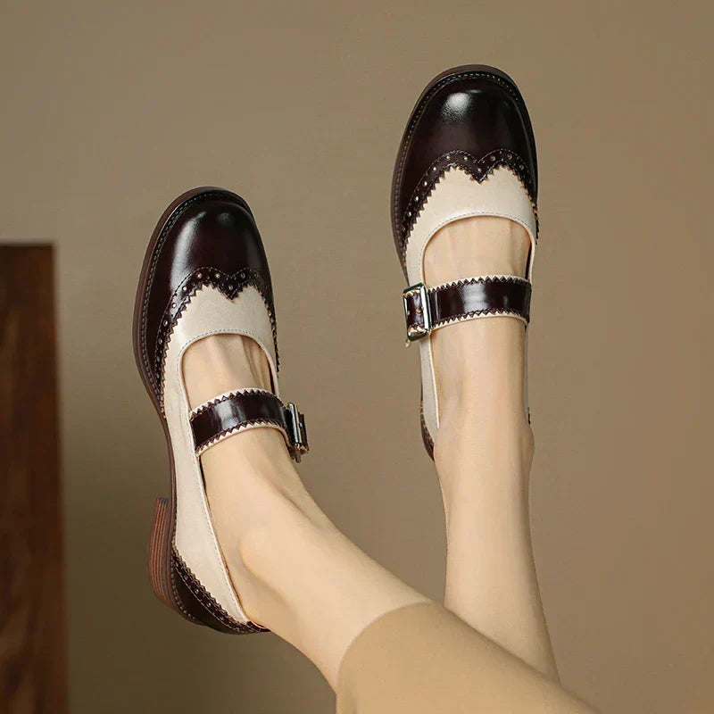 Lumerra Mary Janes in brown and cream, worn full view